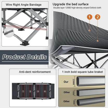Lit pliant ultra-résistant supportant jusqu’à 285 kg avec matelas en option – Lit de camp portable avec pieds de support multiples, poches latérales et oreiller, lit d'appoint toutes saisons de 150 à 195 cm, peu encombrant