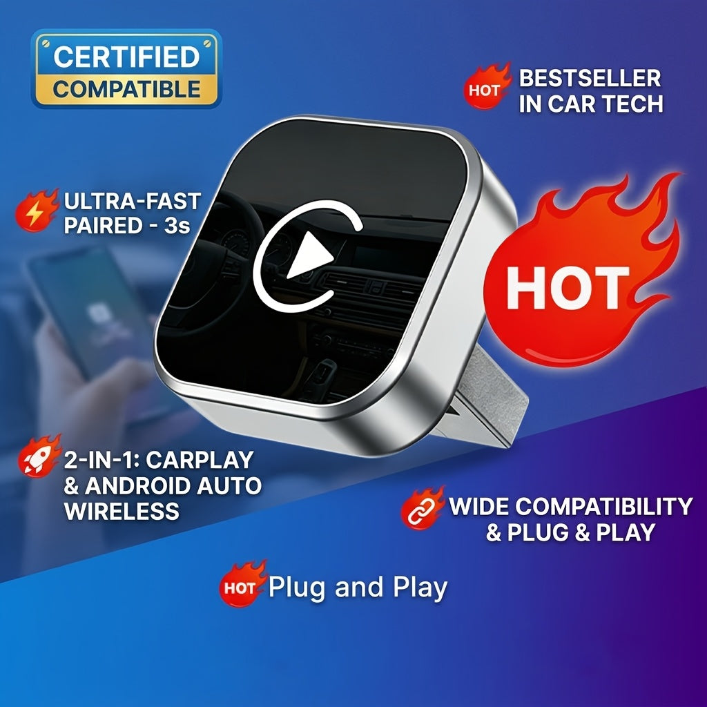 Adaptateur CarPlay sans fil, mini dongle version améliorée 2026 – 2-en-1 pour iPhone et Android Auto, conversion de filaire à sans fil, USB-A et USB-C, double bande à faible latence, connexion automatique, certifié FCC