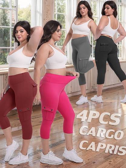 Lot de 4 pantalons de yoga Capri taille haute pour femmes, extensible dans les 4 sens, galbant, gainant, 4 poches - Leggings de sport pour la course, S-XXL, toutes saisons