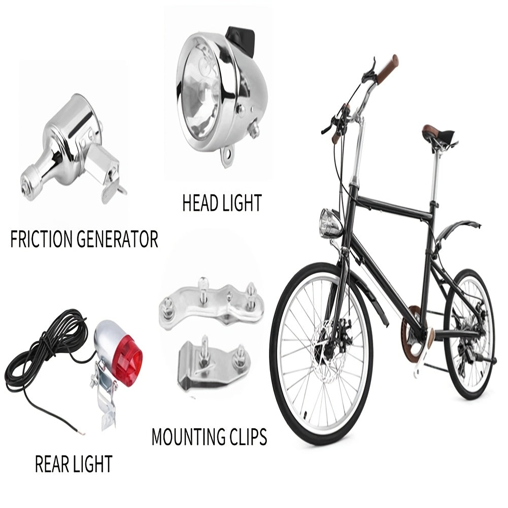 Kit éclairage avant et arrière pour vélo avec dynamo 12V 6W à friction – Sans pile, convient aux VTT, vélos de route, BMX, vélos pliants, vélos pour enfants et plus, argenté