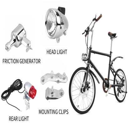 Kit éclairage avant et arrière pour vélo avec dynamo 12V 6W à friction – Sans pile, convient aux VTT, vélos de route, BMX, vélos pliants, vélos pour enfants et plus, argenté