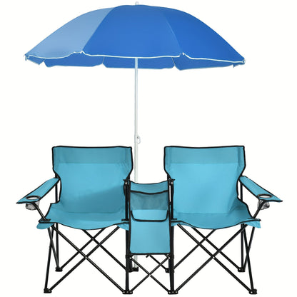 Ensemble de 2 chaises de plage pliantes avec parasol, table et sac isotherme – Chaise de pique-nique compacte et pliable pour la plage, le camping et les sorties en plein air, capacité de 122 kg par siège