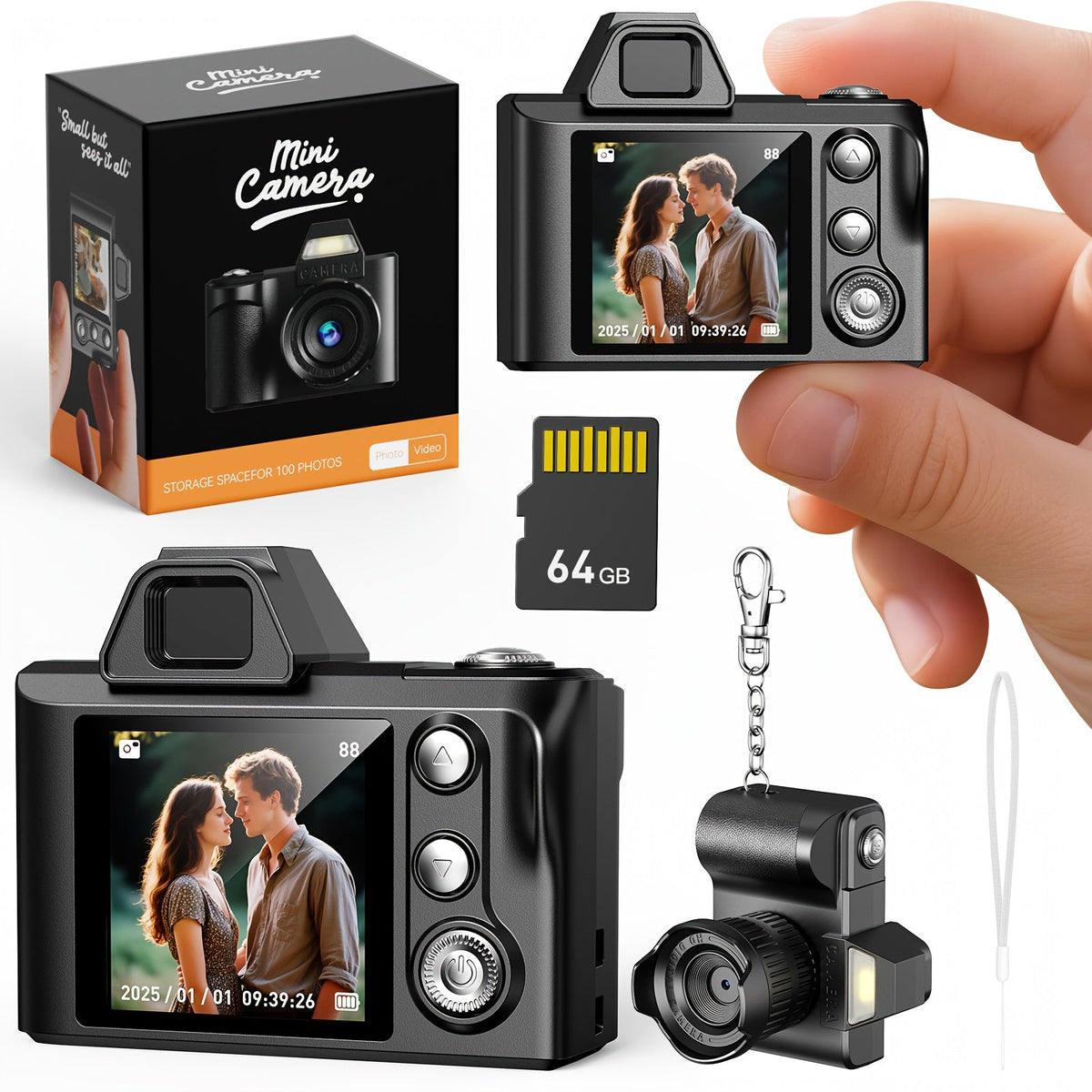 Mini caméra porte-clés 1080P HD 2MP avec carte mémoire 64 Go – Caméscope compact et portable de la taille d'un pouce, micro caméra de poche, cadeau idéal pour petite amie, petit ami, voyageurs et enfants