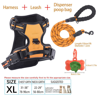 Ensemble harnais et laisse pour chien 4 pièces, gilet réfléchissant en Oxford anti-traction et anti-étranglement avec laisse, distributeur de sacs à déjections et poignée de contrôle facile, pour chiens moyens et grands, dressage et promenade en extérieur
