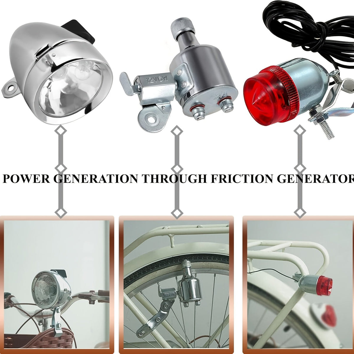 Kit éclairage avant et arrière pour vélo avec dynamo 12V 6W à friction – Sans pile, convient aux VTT, vélos de route, BMX, vélos pliants, vélos pour enfants et plus, argenté