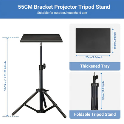 Trépied pour projecteur et ordinateur portable – Hauteur réglable avec support de téléphone col-de-cygne, plateau inclinable à 180°, capacité de 10 kg, support au sol portable pour bureau, maison, scène, studio et DJ