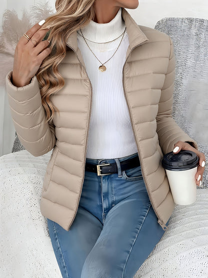 Doudoune matelassée légère pour femme, manteau rembourré à col montant, fermeture zippée, veste courte, coupe ajustée automne-hiver