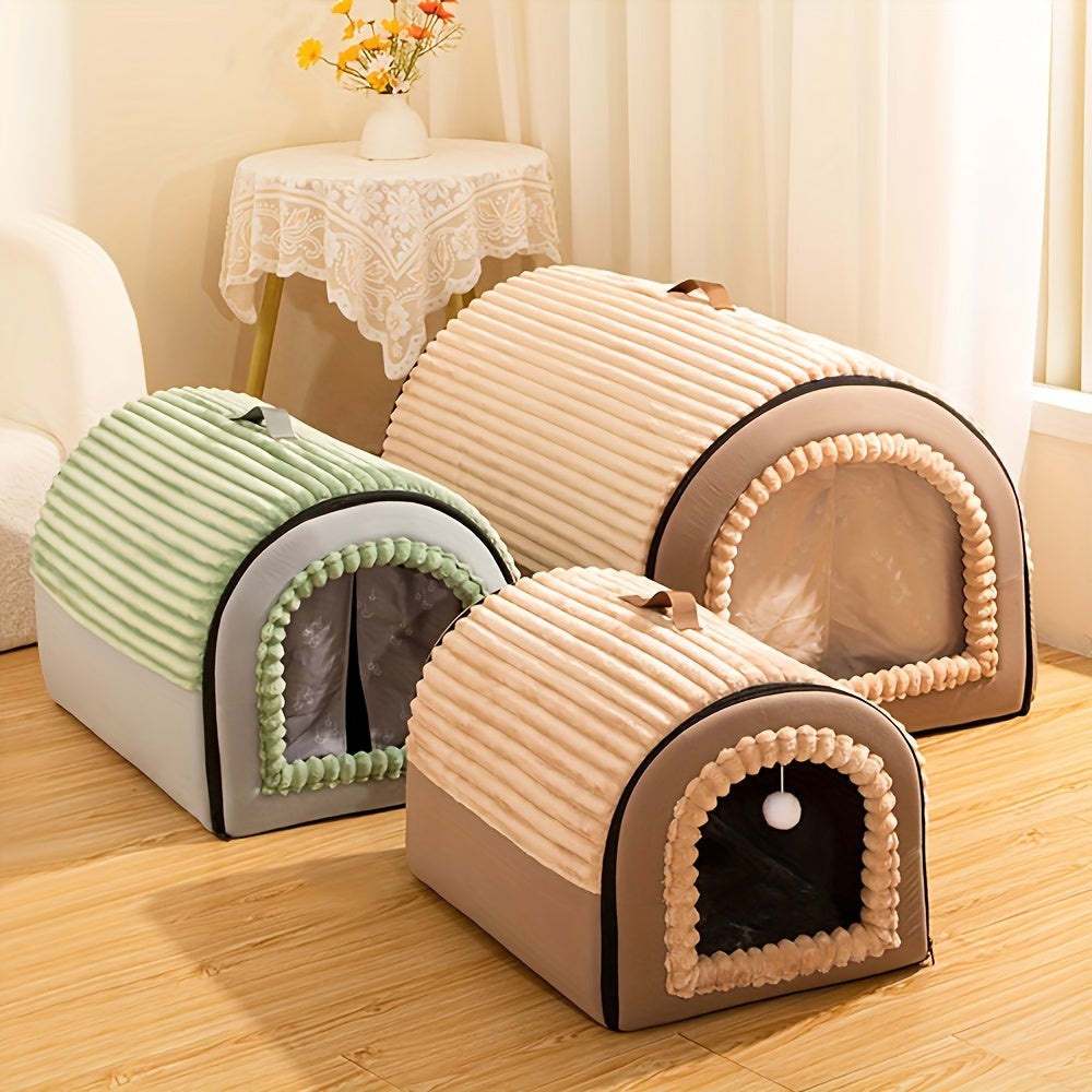 Niche pour chien pliable 2-en-1 toutes saisons – Maison pour animaux entièrement fermée avec poignée, nid douillet, doux et antidérapant, lavable pour chiens et chats de grande, moyenne et petite taille – Bavoir offert – Velora