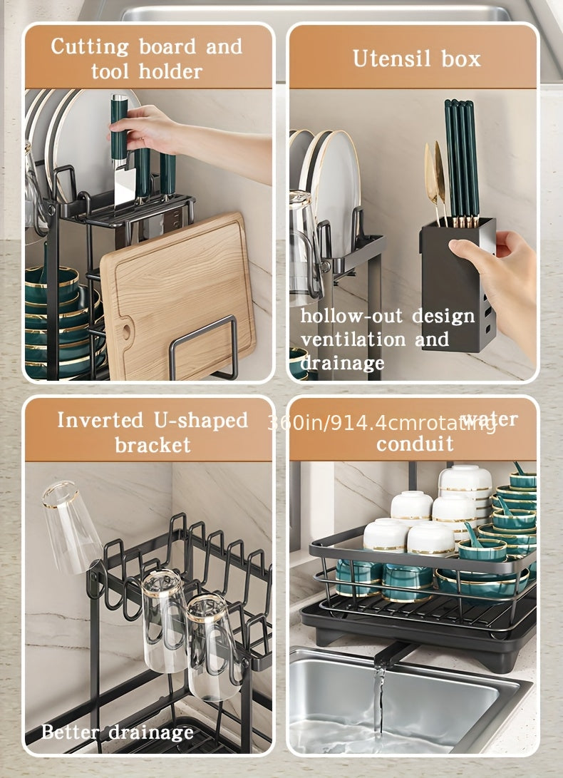Égouttoir à vaisselle en métal à 2 niveaux avec porte-couverts, porte-gobelets et plateau d'égouttage antirouille – Égouttoir compact pour plan de travail de cuisine, égouttoir en acier durable pour tous types de surfaces