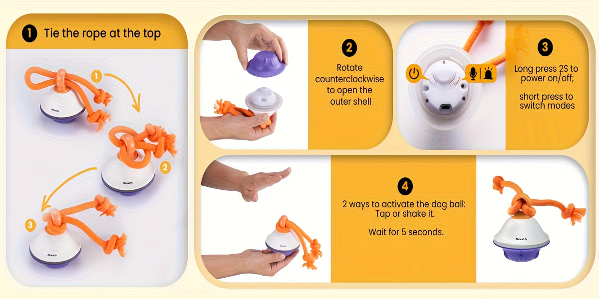 Jouet balle roulante automatique pour chien avec corde, activé par le mouvement, enregistrement vocal, rechargeable par USB, jouet interactif stimulant pour petits et moyens chiens, anti-ennui, gris et blanc