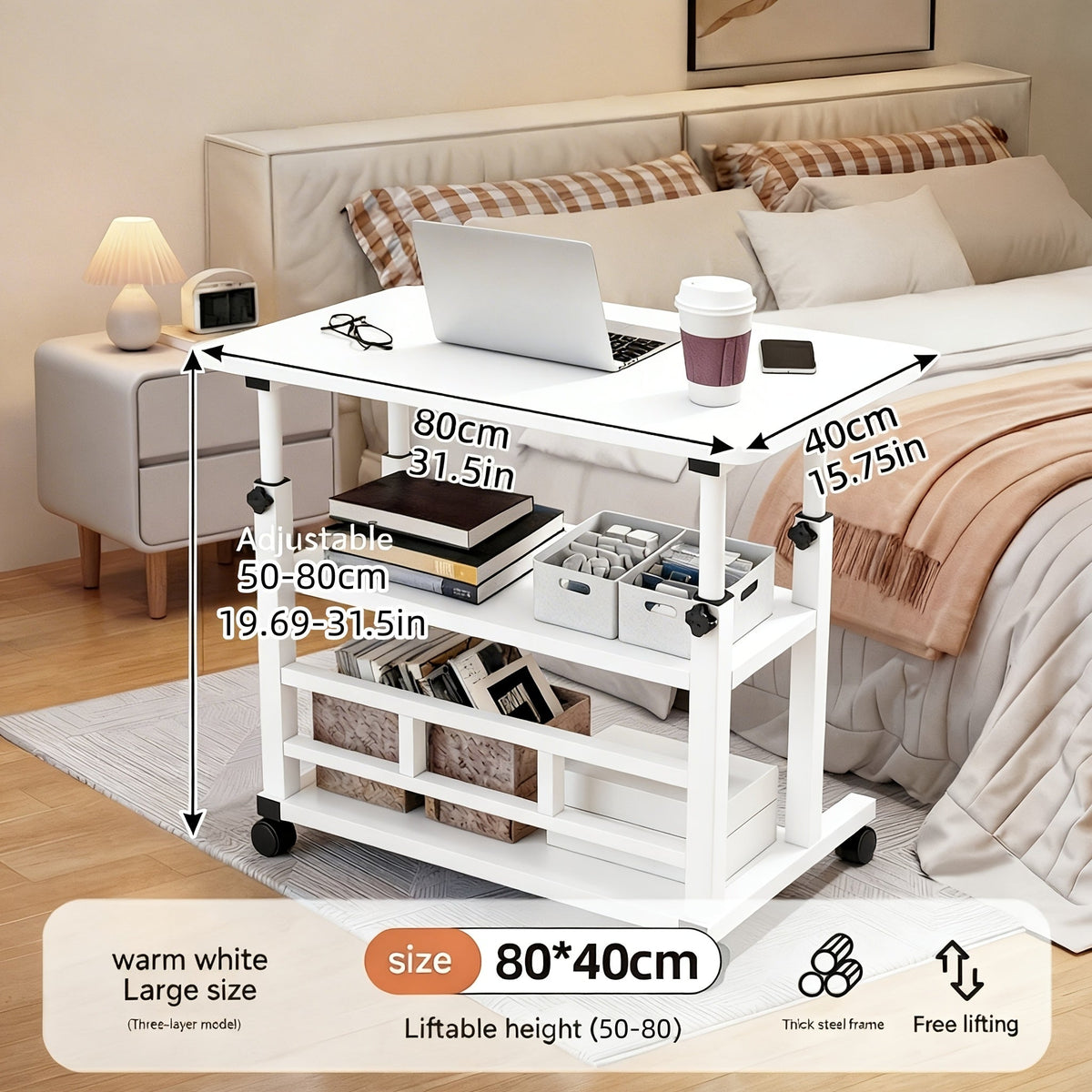 Bureau mobile portatif avec roulettes et table élévatrice à hauteur réglable – Petit bureau d'ordinateur pour lit, canapé, loisirs créatifs ou bureau à domicile, en noir ou blanc