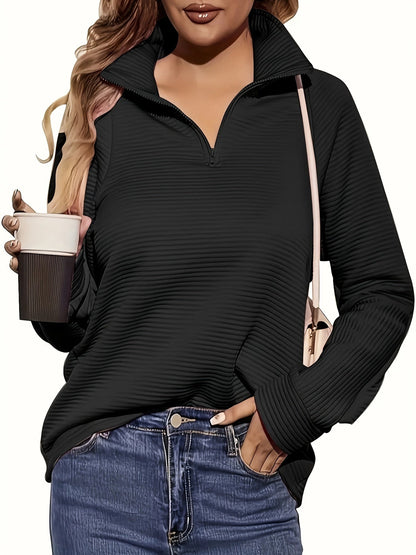 Women's V-Neck Zipper Pullover Sweater Long Sleeve Loose Casual Top Solid Color Pink Black Deep Red Ivory White S M L XL XXL