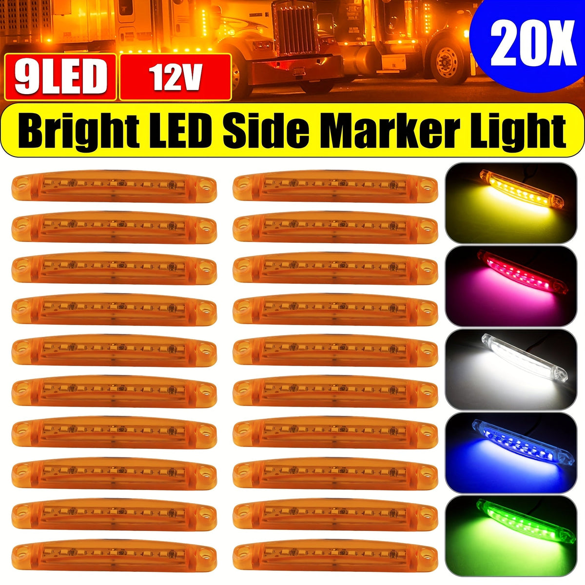 Lot de 20 feux de gabarit latéraux universels à 9 LED 12V pour camion, voiture, remorque, SUV – Blanc, rouge, ambre, bleu, vert – Kit de feux de gabarit latéraux LED lumineux