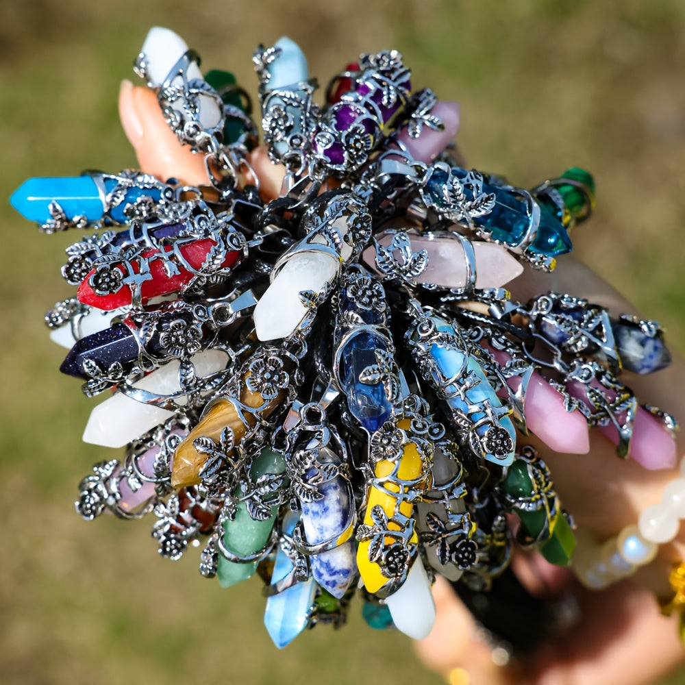 Kit de bricolage pour collier avec pendentif prisme hexagonal en pierre naturelle (20 pièces) : 10 pendentifs à motif floral et 10 cordons en similicuir, bijoux faits main style bohème, accessoires décontractés, idée cadeau