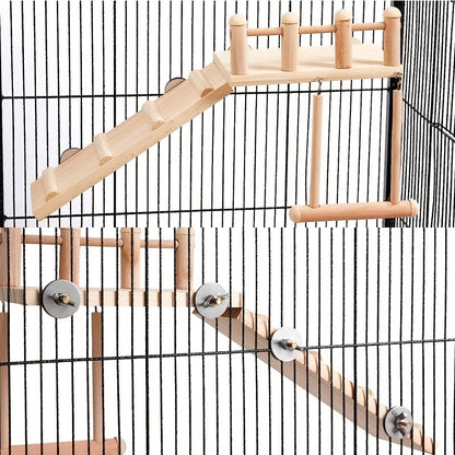 Balançoire perchoir en bois pour oiseaux avec échelle d'escalade - Plateforme de gym multi-niveaux en pin radiata pour perroquets, inséparables, calopsittes, chinchillas, hamsters - Support de jeu, échelle, balançoire et accessoire de cage pour oiseaux