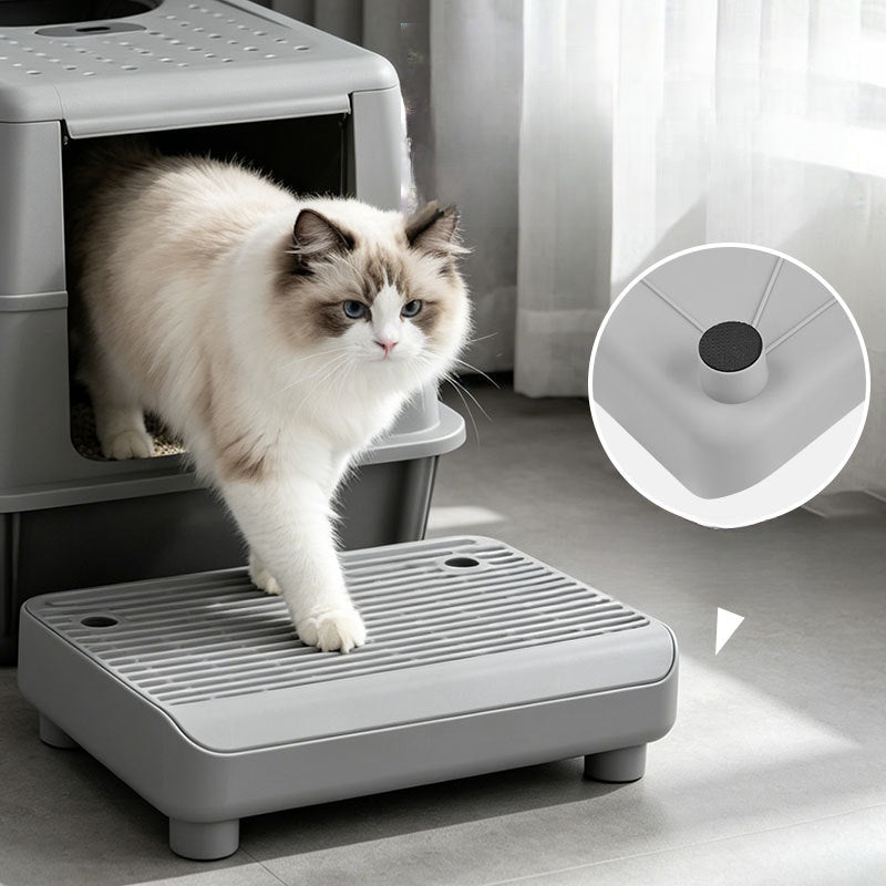 Tapis de litière pour chat double épaisseur avec rebord et pieds amovibles – Conception filtrante antidérapante et étanche, facile à nettoyer, convient à la plupart des bacs à litière, gris clair