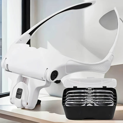 Loupe frontale avec éclairage LED, 5 lentilles interchangeables de 1,0X à 3,5X, casque grossissant à bandeau réglable pour la bijouterie, la réparation électronique, le modélisme, la lecture et les travaux de précision