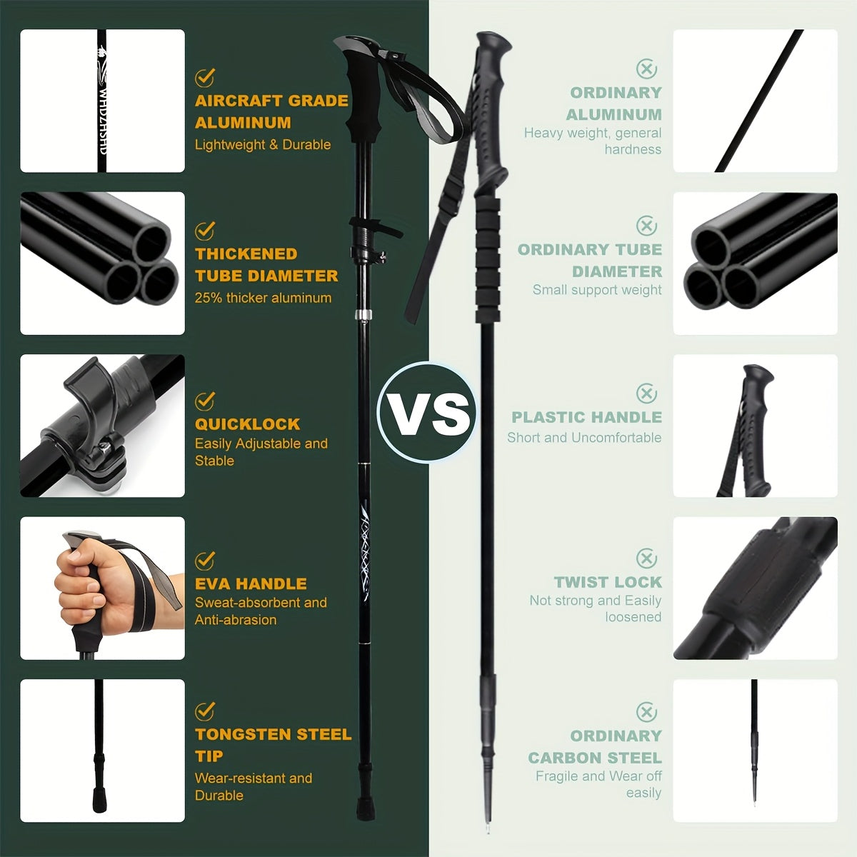 Lot de 2 bâtons de marche pliables, ultra-légers en alliage d'aluminium 7075, bâtons de randonnée télescopiques avec poignées ergonomiques antidérapantes, dragonnes et hauteur réglable pour hommes et femmes, idéal pour le trekking et la randonnée.