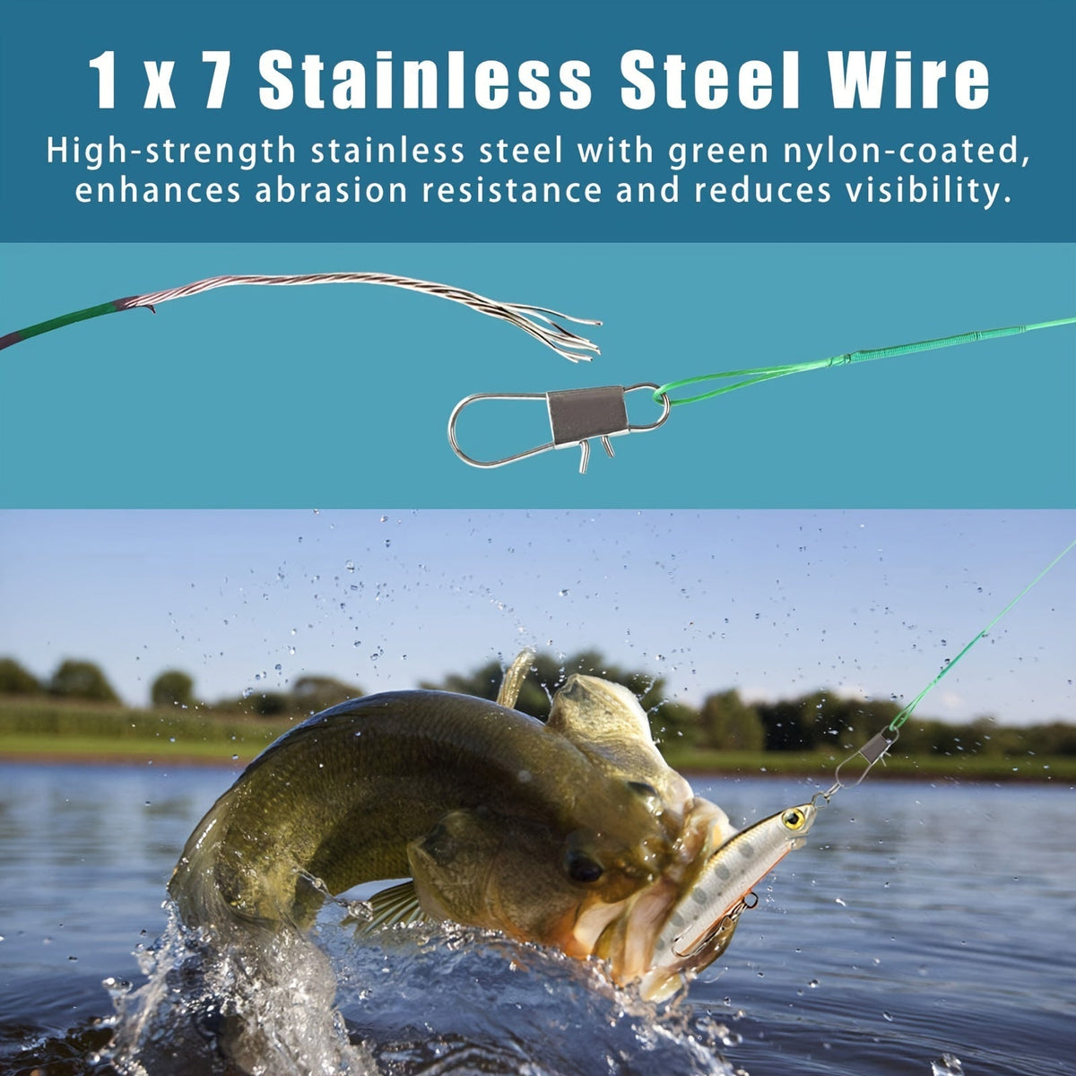 Lot de 100 bas de ligne de pêche en acier inoxydable avec émerillons et agrafes – Bas de ligne anti-morsure, résistance de 10 à 44 lb pour pêche en eau douce et en mer