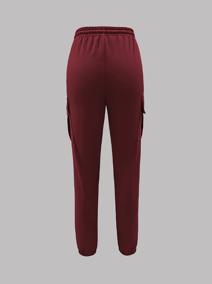 Women's Drawstring Waist Cargo Pants with Pockets - Solid Color Woven Polyester Casual Long Pants for Weekend Outdoor Wear