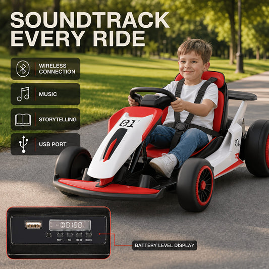 Kart électrique 24V pour enfants de 6 ans et plus avec dérapage à 360° – Deux moteurs de 180W, 2 vitesses de 5 à 8 km/h, batterie 7Ah, harnais 5 points, musique sans fil et USB, voiture de course pour enfants, capacité de 50 kg, cadeau idéal