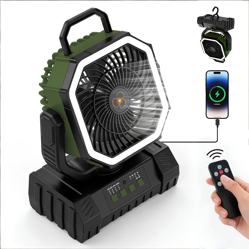 Ventilateur de camping 20000mAh avec télécommande, éclairage LED, oscillation, 4 vitesses, minuterie et batterie externe - Ventilateur de tente rechargeable pour le camping, le pique-nique, le barbecue et la pêche en plein air