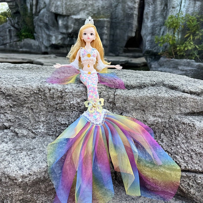 Poupée princesse sirène pour filles 45 cm – Magnifique poupée articulée avec queue en laine, yeux 3D et 11 articulations mobiles, vêtements amovibles, décoration de chambre et jouet, cadeau d'anniversaire ou de Noël