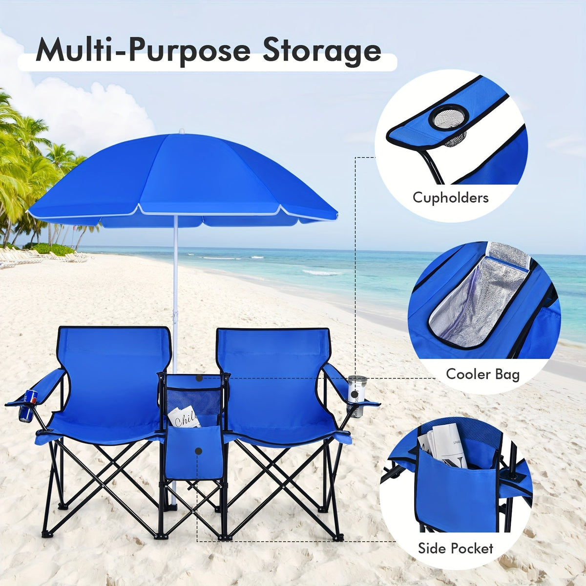 Ensemble de 2 chaises de plage pliantes avec parasol, table et sac isotherme – Chaise de pique-nique compacte et pliable pour la plage, le camping et les sorties en plein air, capacité de 122 kg par siège