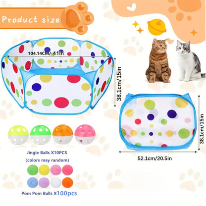 Ensemble de jouets interactifs pour chat avec 110 balles - 100 balles de jeu et 10 balles à grelot avec parc pour chat, kit de divertissement et d'exercice pour chat d'intérieur, assortiment de balles aux couleurs aléatoires (ensemble avec parc)