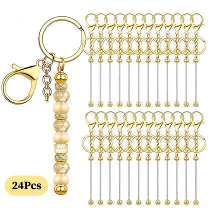 Kit de porte-clés à perler en acier inoxydable – 12 et 24 pièces, pendentifs en métal avec breloques pour loisirs créatifs, cadeaux de Noël et d'Halloween, doré, argenté et or rose