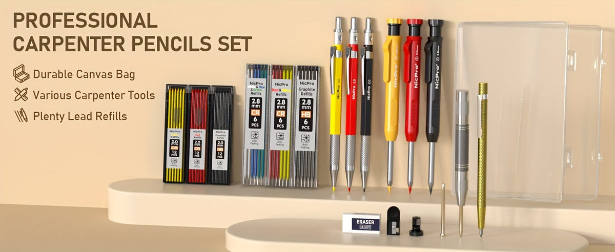 Ensemble de crayons de charpentier avec taille-crayon – Porte-mines avec recharges, pointeau automatique et pointe à tracer au carbure dans un étui robuste, kit de marquage professionnel de 15/16/17/18/27 pièces pour le travail du bois