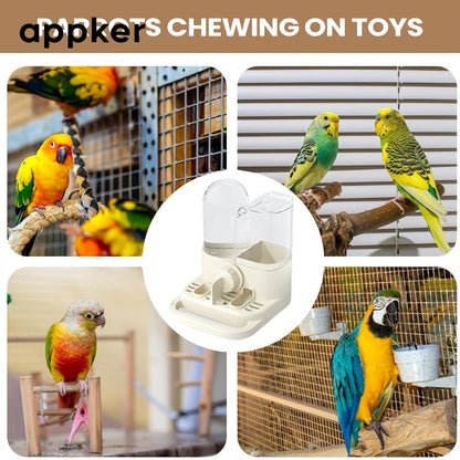 Mangeoire et abreuvoir 2-en-1 suspendus avec perchoir - Récipient multifonction pour nourriture et eau pour oiseaux en cage, sans électricité, accessoire pour perruches et petits oiseaux