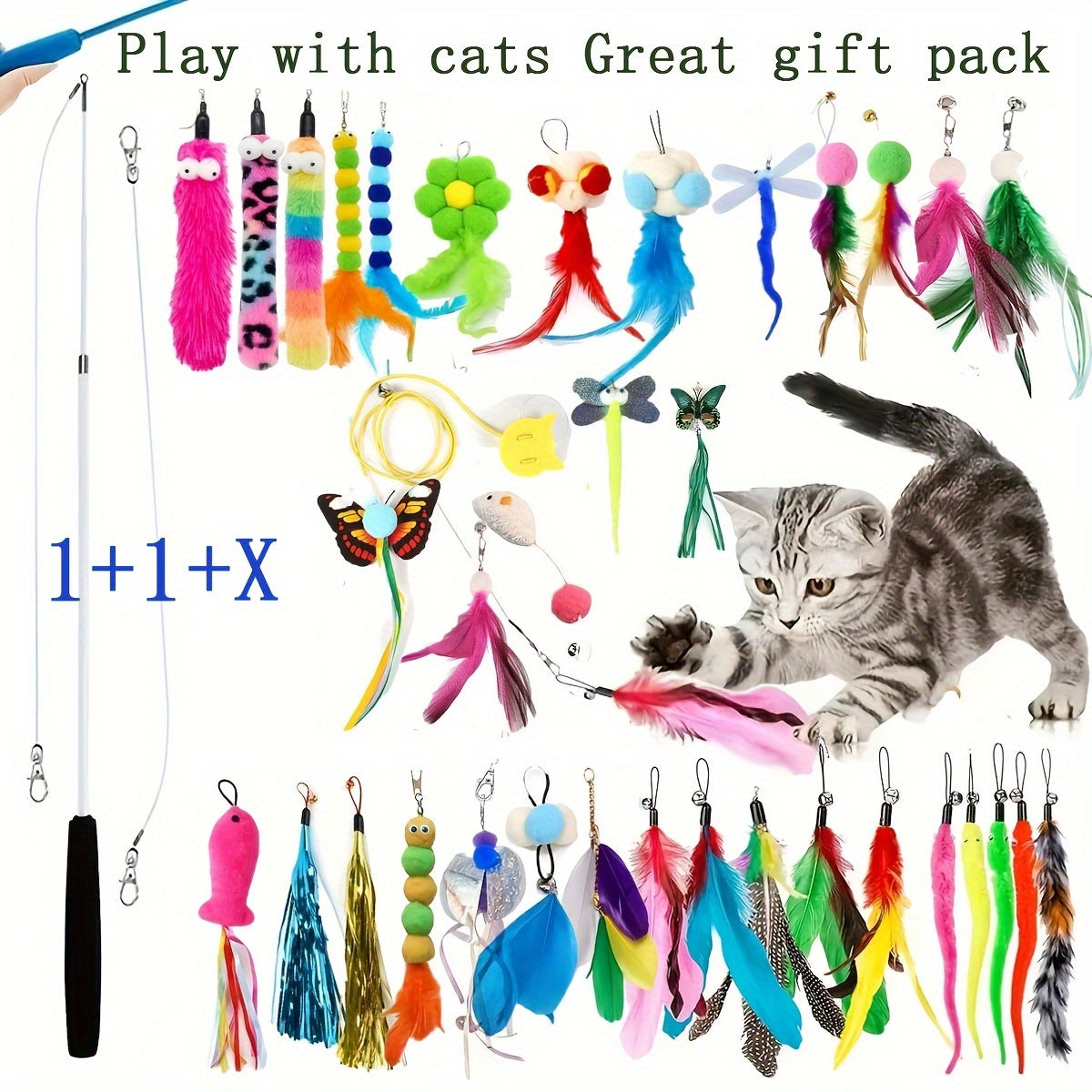 Ensemble de jouets interactifs pour chat : canne télescopique avec plumes de rechange aléatoires pour l'exercice et le jeu des chats d'intérieur, sans pile nécessaire, choix de 5, 10, 15, 20 ou 25 têtes.