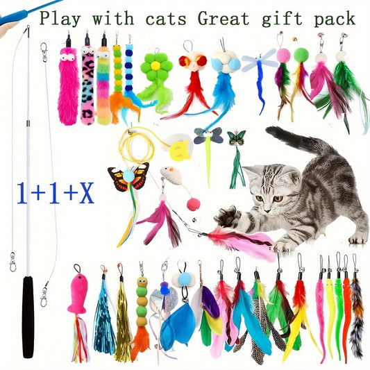 Ensemble de jouets interactifs pour chat : canne télescopique avec plumes de rechange aléatoires pour l'exercice et le jeu des chats d'intérieur, sans pile nécessaire, choix de 5, 10, 15, 20 ou 25 têtes.