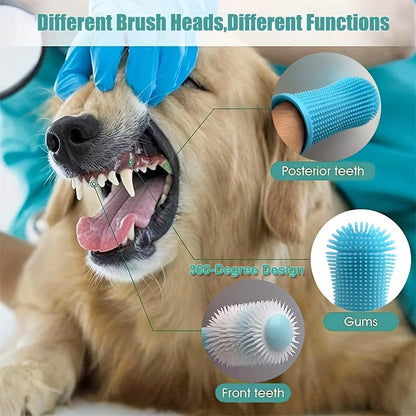 Kit de soins dentaires pour animaux de 3 pièces : brosse à dents en silicone à 360°, brosse à doigt et brosse à micro-filaments pour chiens et chats, souple et douce, aucune pile requise