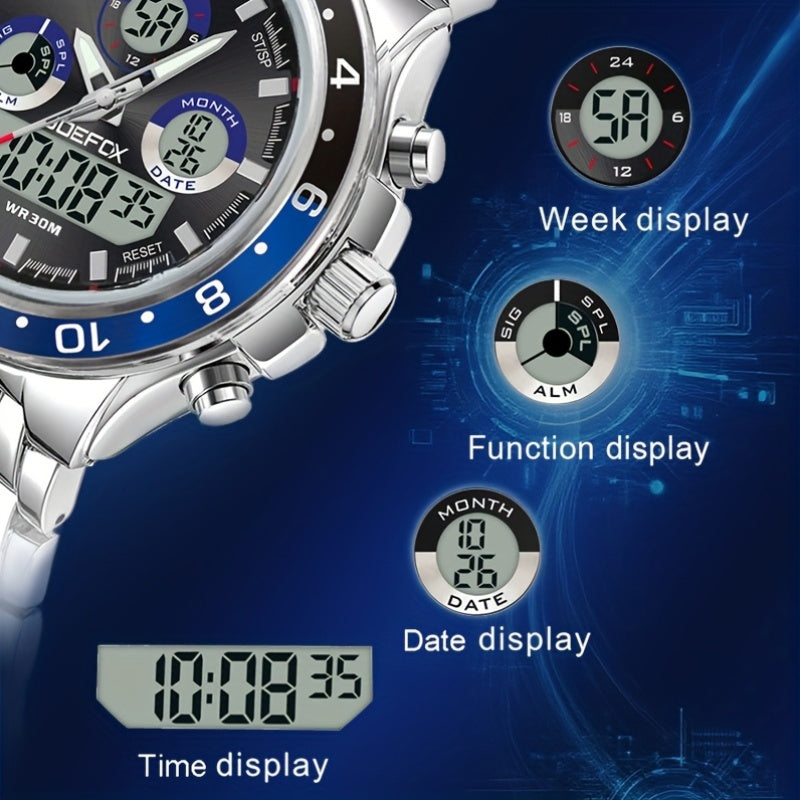 Montre chronographe d'affaires vintage pour homme avec bracelet en acier – Montre-bracelet étanche à double mouvement avec outil de réglage de bracelet, cadeau d'anniversaire ou de fête des pères pour homme