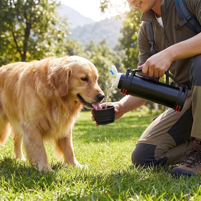 Grande gourde pour chien 2 L en acier inoxydable isotherme – Abreuvoir de voyage portable avec couvercle bol amovible pour la marche, la randonnée et le camping, anti-fuite pour chiens de toutes tailles
