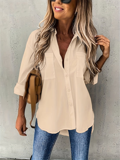 Women's Button-Up Long Sleeve Shirt Solid Color Lapel Collar Elegant Work Blouse Lightweight Casual Top White Black Red Khaki Blue Apricot S M L XL XXL