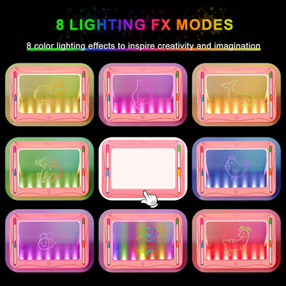 Tablette à dessin lumineuse LED pour enfants de 3 à 8 ans – Kit d’art phosphorescent avec 9 cartes recto-verso et 6 marqueurs, jouet éducatif de voyage, cadeau d'anniversaire et de Noël pour filles et garçons