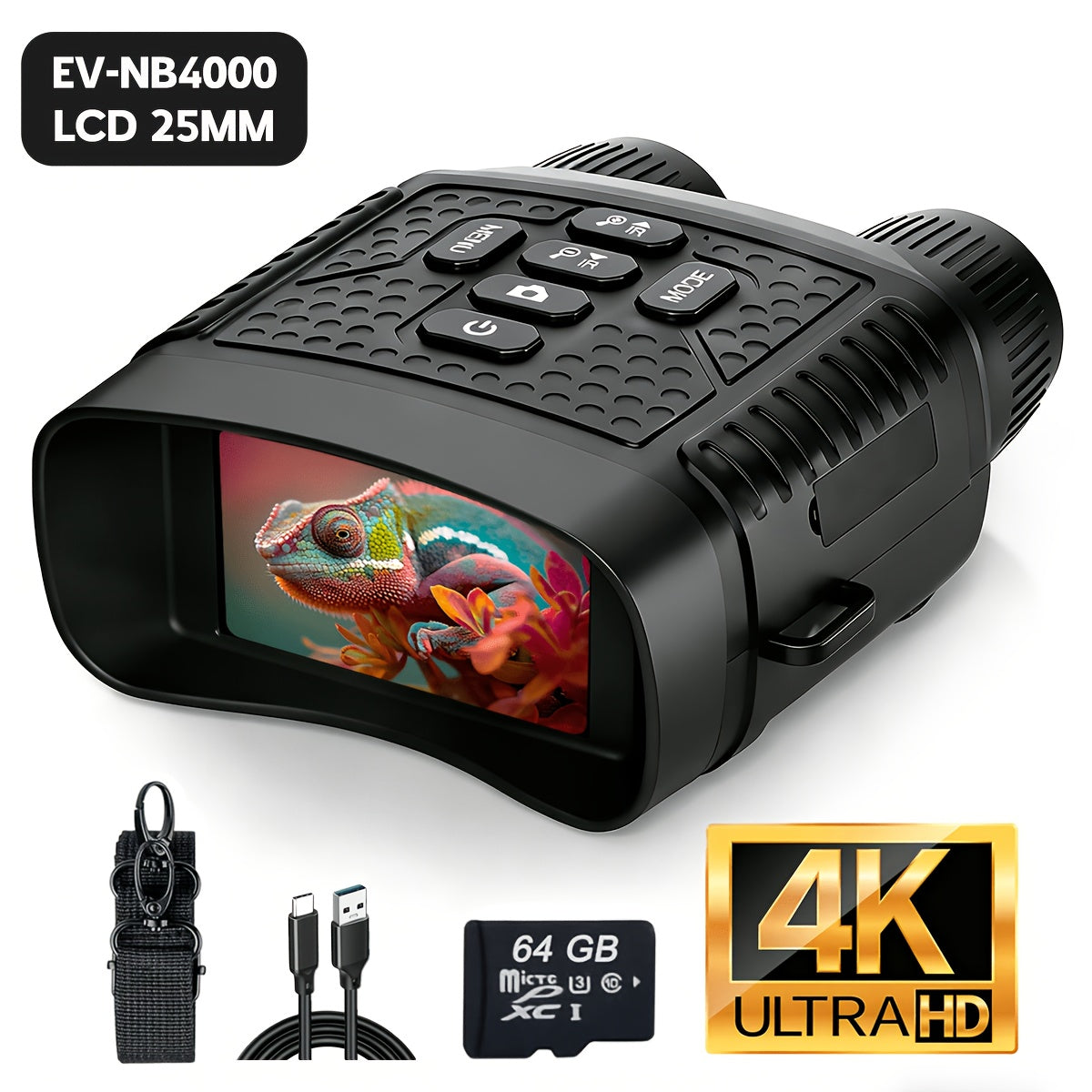 Jumelles de vision nocturne 4K pour adultes, appareil photo 48 MP, écran 3,1 pouces, batterie rechargeable 4400 mAh, réglage IR à 7 niveaux, vision dans l'obscurité totale, vidéo 4K, carte 64 Go pour la chasse, la sécurité et le camping, 25 mm 50 mm