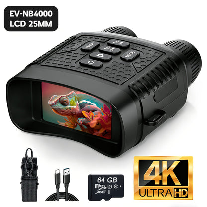 Jumelles de vision nocturne 4K pour adultes, appareil photo 48 MP, écran 3,1 pouces, batterie rechargeable 4400 mAh, réglage IR à 7 niveaux, vision dans l'obscurité totale, vidéo 4K, carte 64 Go pour la chasse, la sécurité et le camping, 25 mm 50 mm