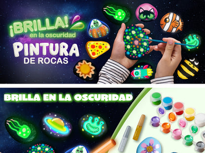 Kit de peinture sur galets phosphorescents pour enfants dès 6 ans – Ensemble complet d'arts créatifs avec 10 galets, 17 peintures, pierres précieuses, pinceaux et autocollants | Jouet créatif STEM pour garçons et filles, cadeau d'anniversaire et de Pâques