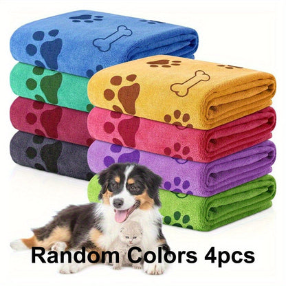 Lot de 4 serviettes à séchage rapide pour animaux - Serviettes absorbantes et douces en polyester pour chiens et chats, avec motifs de pattes, pour le bain et le séchage, coloris assortis pour petits et moyens animaux