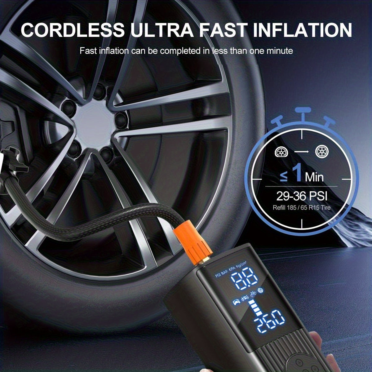 Gonfleur de pneu portable 210 PSI sans fil avec manomètre numérique, batterie rechargeable et lampe LED – Pompe à air sans fil pour voiture, moto, vélo et ballons de sport – Velora