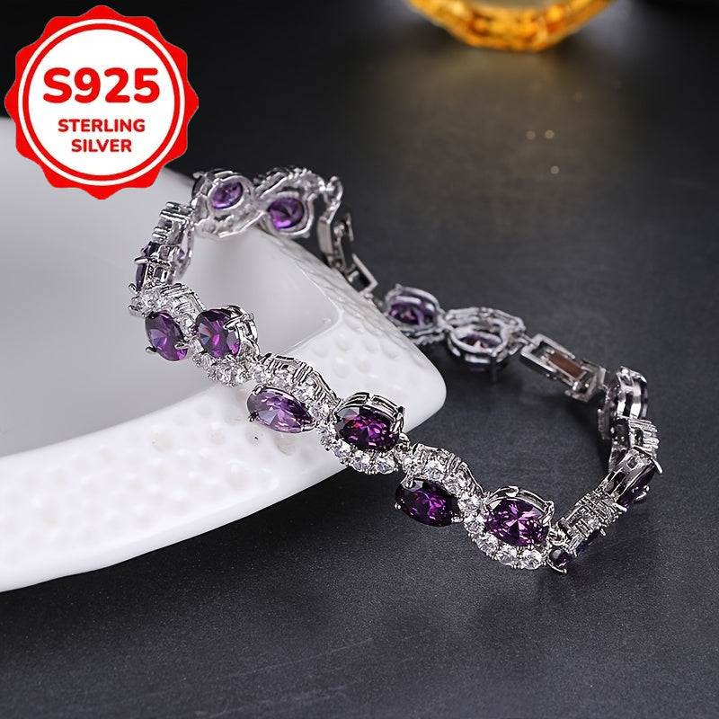 Bracelet chaîne en argent sterling 925 avec zircone cubique ovale violette pour femme – Bracelet de luxe étincelant en zircone cubique, cadeau de bijoux élégant pour anniversaire et fête