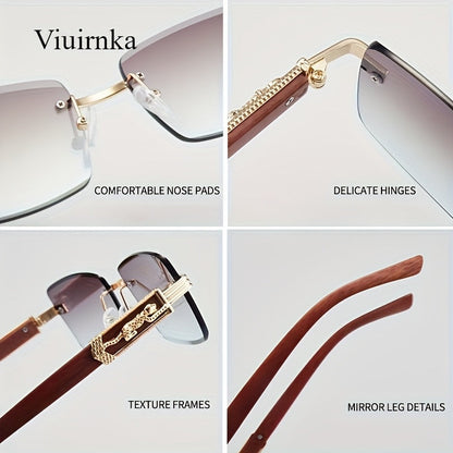 Lunettes de soleil rectangulaires vintage sans monture pour hommes et femmes – Lunettes tendance avec branches léopard et protection UV, 7 couleurs de verres, lunettes unisexes stylées pour l'extérieur, la conduite, les voyages, les fêtes et le quotidien