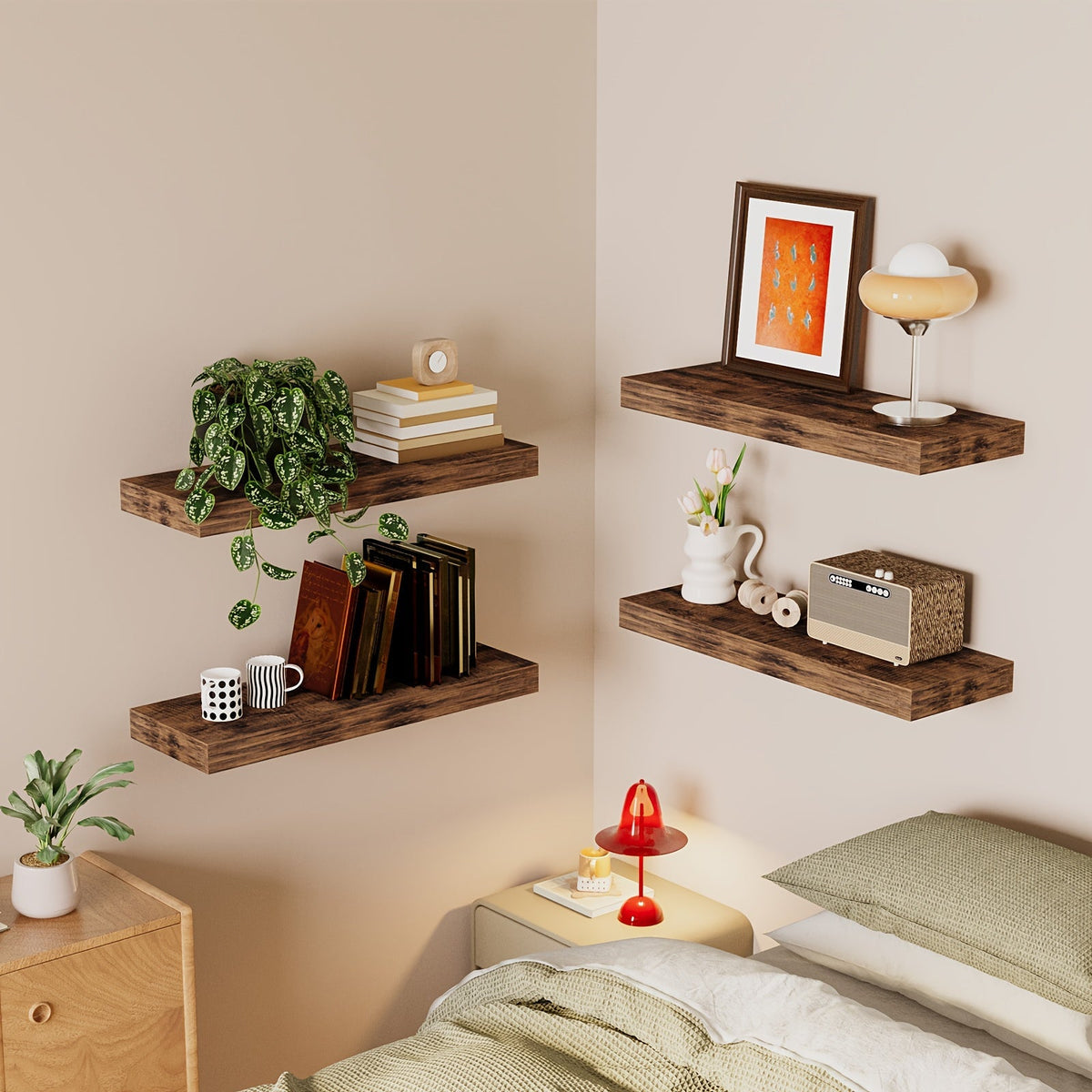Étagères murales flottantes 15,8 pouces au fini rustique avec supports invisibles pour décoration murale et rangement – Lot de 4 ou 8 en noyer noir rustique