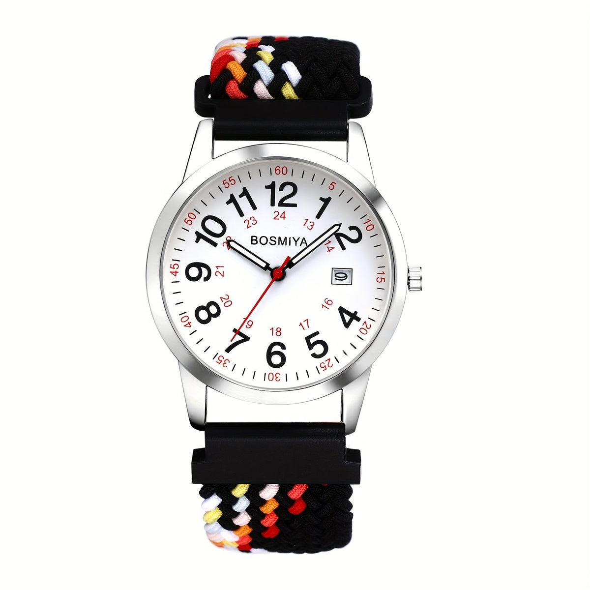 Montre de sport à quartz analogique avec grand cadran à calendrier et bracelet en nylon tressé – Montre-bracelet ronde à lecture facile avec cadran 24 heures pour hommes et femmes, bracelet élastique réglable et souple, 4 styles