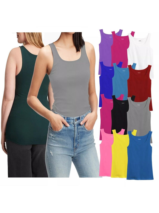 Women's 100% Cotton Ribbed Tank Top Tagless Sleeveless Undershirt Round Neck Multipack 3 6 9 12 Pcs Random Colors S-XXL