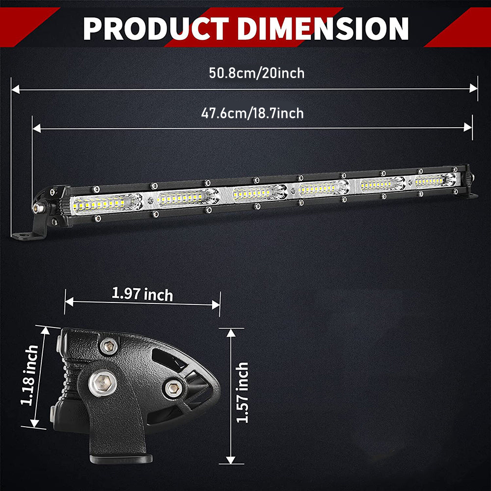 Barre lumineuse LED 20 pouces 180W pour tout-terrain, simple rangée – Lampe de travail ultra mince 12V/24V pour camion, VTT, VUS, tracteur, Jeep et bateau – Blanc 6000K, durée de vie de 50 000 heures – Velora